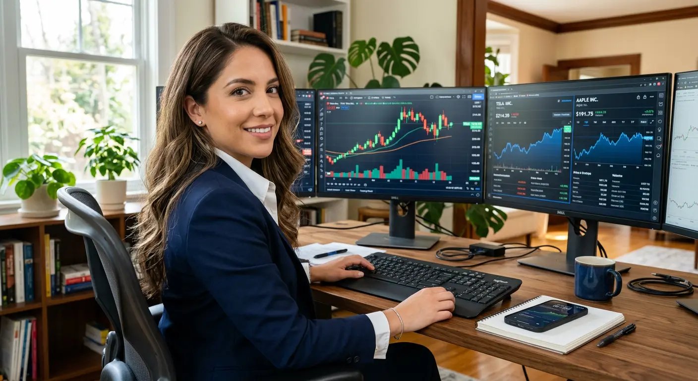 Sofia M. working with AI trading tools at her desk